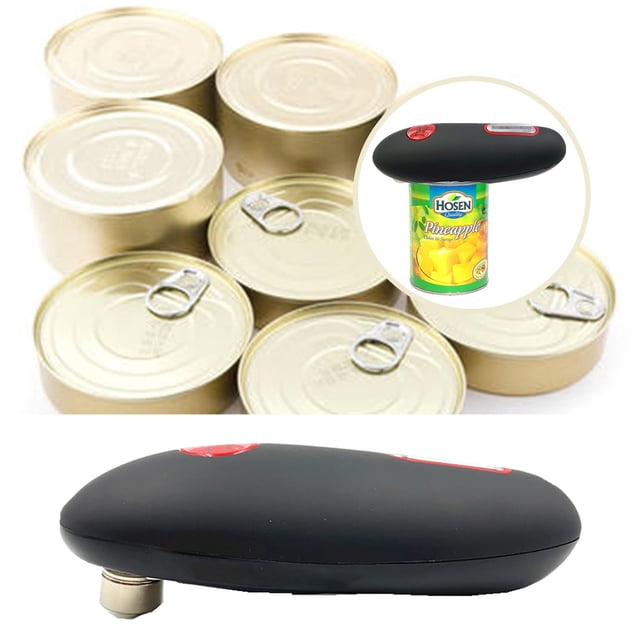 Mefallenssiah Electric Can Opener Bottle Opener Kitchen Electric Gadgets with a sleek black design and red buttons, shown opening a can of pineapple slices. Surrounding the opener are gold-colored cans with pull-tab lids. This energy-saving, manual-stop device is suitable for wide-mouth bottles and cans of various sizes.