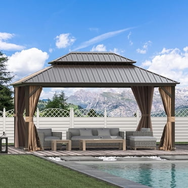 Domi Outdoor Auvent de Gazebo à Toit Rigide 12 X 16 Pi en Métal avec Double Toit en Acier Galvanisé, Rideau et Moustiquaire pour Patio, Terrasse, Cour Arrière, Brun