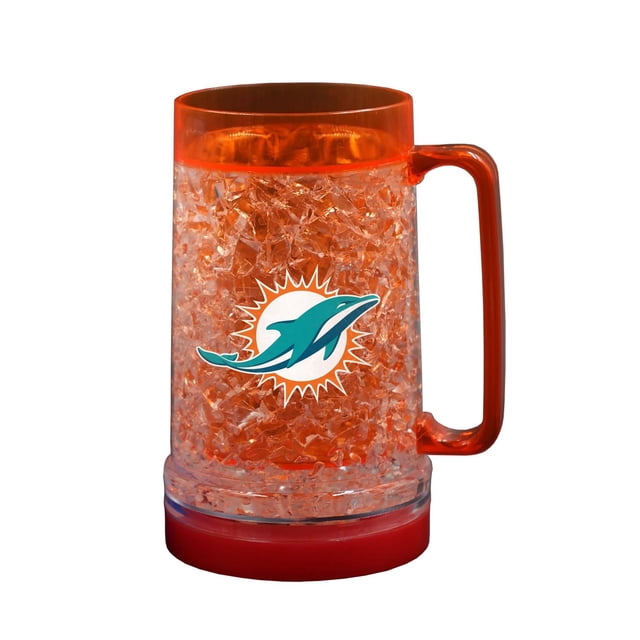 LIGHT UP FREEZER MUG 16OZ NFL MIAMI DOLPHINS with double-wall crystal-gel insulation, orange translucent handle and rim, featuring a centered Miami Dolphins logo and flashing LED lights, suitable for keeping drinks cold at parties and outdoor events.