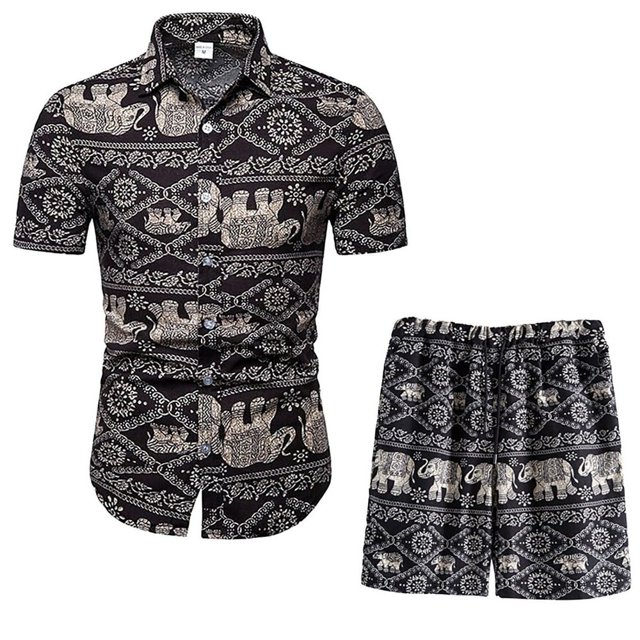 Men‘s Summer 2-Piece Beach Printed Short Sleeve Shirts & Shorts Pants Sets Note Please Buy One Or Two Sizes Larger