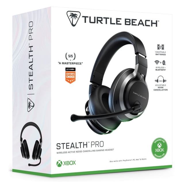 Turtle Beach Stealth Pro wireless noise-cancelling gaming headset for Xbox, displayed on retail box with black over-ear memory foam earcups, adjustable noise cancellation, swappable batteries, Bluetooth 5.1, and noise-cancelling boom microphone, compatible with Xbox Series X|S, PlayStation, PC, Mac, and mobile.
