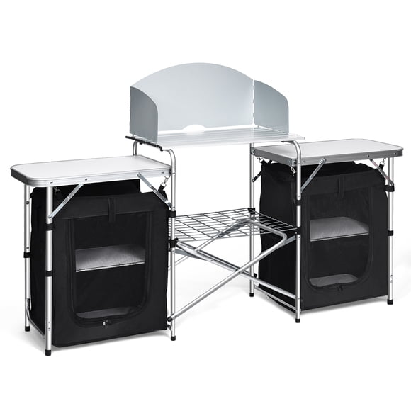Patiojoy Table de Cuisine de Camping Portable en Aluminium Pliable pour Cuisine de Camping avec Pare-Vent pour BBQ, Pique-Nique, Fête Noir
