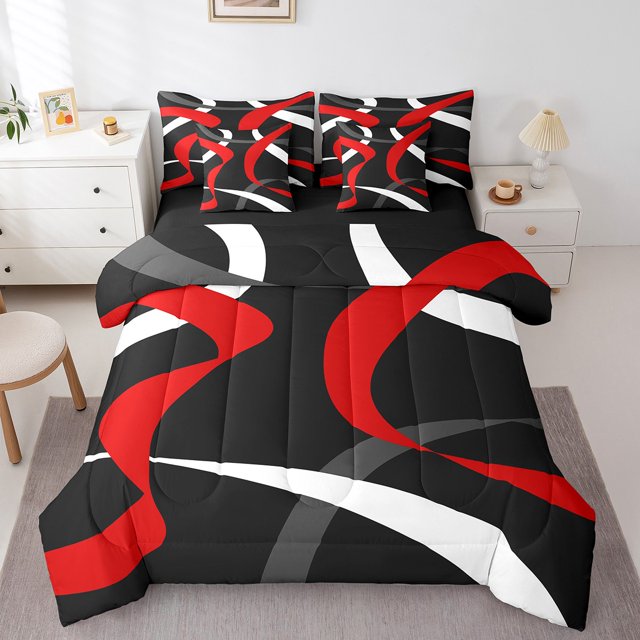 Erosebridal Literie Moderne à Rayures Format Grand, Ensembles de Douillette à Lignes Abstraites avec Draps, Noir Rose, Réversible, Léger, 7 Pcs