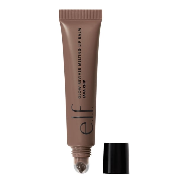 e.l.f. Cosmetics Glow Reviver Melting Lip Balm in Java Chip, a soft brown tinted lip balm in a squeezable tube with a clear rounded applicator tip and black cap beside it, providing buildable colour and hydration for soft lips.