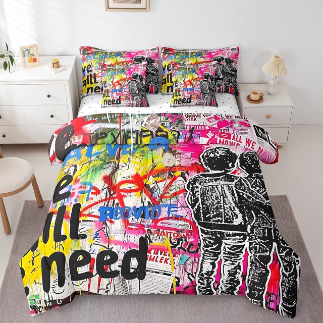 YST Ensemble de Literie 7 Pcs à Motif Graffiti, Format Simple, Polyester, Style Hip-Hop, Bed-in-a-Bag