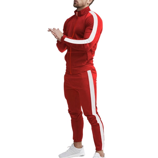 MAWCLOS Mens Tracksuit Long Sleeve Sweatsuits Zip Up 2 Piece Jogging Set Active Running Stand Collar Sweatshirt And Sweatpants Red White L