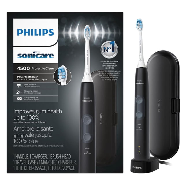 Philips Sonicare ProtectiveClean 4500 rechargeable electric toothbrush in black with white brush head, featuring pressure sensor, two brushing modes (clean and gum care), 14-day battery life, and BrushSync replacement reminder, shown with travel case and charger, designed to improve gum health up to 100% more than manual brushing.