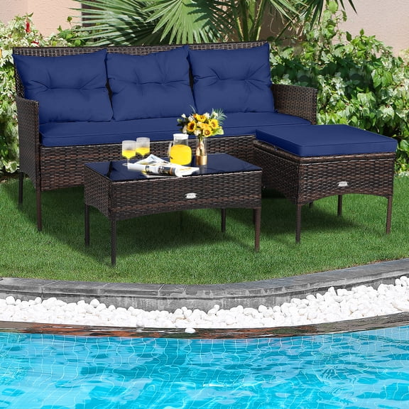 Gymax Ensemble de 3 Canapé 3 Places Table Rembourrée Ensemble de Meubles en Rotin Jardin Patio Bleu Marine
