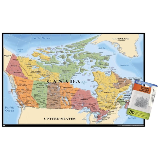 Map - Canada Wall Poster, 22.375" x 34" framed, showing a detailed political map of Canada with color-coded provinces and territories including Yukon, Northwest Territories, Nunavut, British Columbia, Alberta, Saskatchewan, Manitoba, Ontario, Quebec, New Brunswick, Prince Edward Island, Nova Scotia, and Newfoundland & Labrador, bordered by the United States and surrounding oceans, labeled with major cities and bodies of water, framed in black with a pack of 30 clear pushpins shown for marking locations.