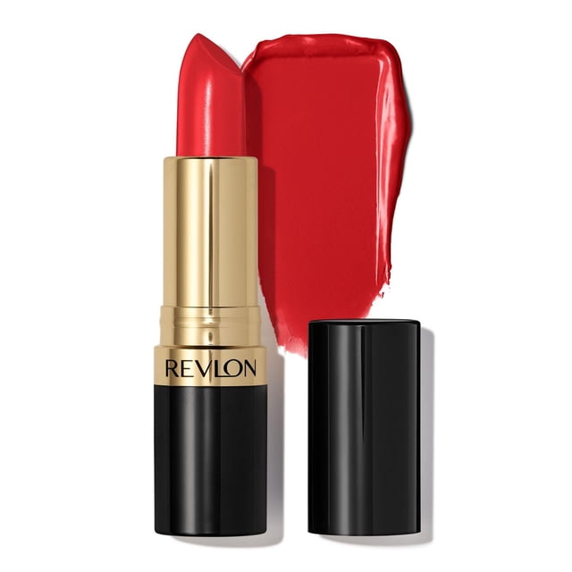 Revlon Super Lustrous Pearl Lipstick in creamy red with black and gold tube, shown with cap off and a swatch of rich, lightweight colour beside it, highlighting its conditioning formula for smooth, fuller-looking lips.