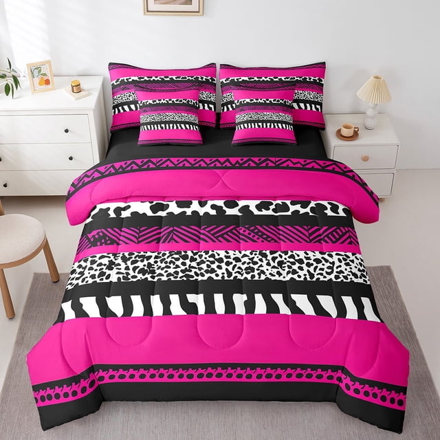 Cheetah Print Comforter Set,7 Pieces Wild Animal Skin Leopard Spot Queen Bed in a Bag,Geometry Aztec Fuchsia Sriped Bedding Sets with Comforter,Flat Sheet,Fitted Sheet,Pillowcase,Pillow Sham