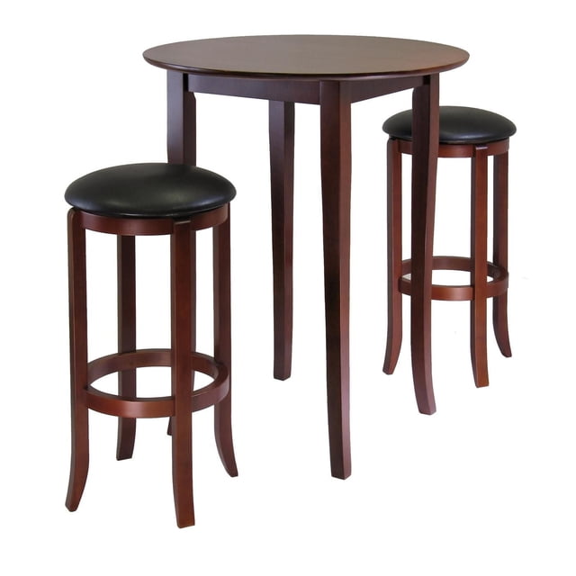 Winsome - Fiona Ensemble de 3 Tabourets table Haute et Siège Coussiné avec une table Ronde de Style Pub Finition Noyer avec des Pieds Légèrement Évasés, Assorti à Deux Tabourets de Bar Pivotants avec Sièges Coussinés en Similicuir Noir et Cadres en Bois, Convient à la Cuisine Ou aux Aires de Déjeuner et Est Souvent Utilisé comme Espace de Travail compact Ou Lieu de Repas Décontracté.