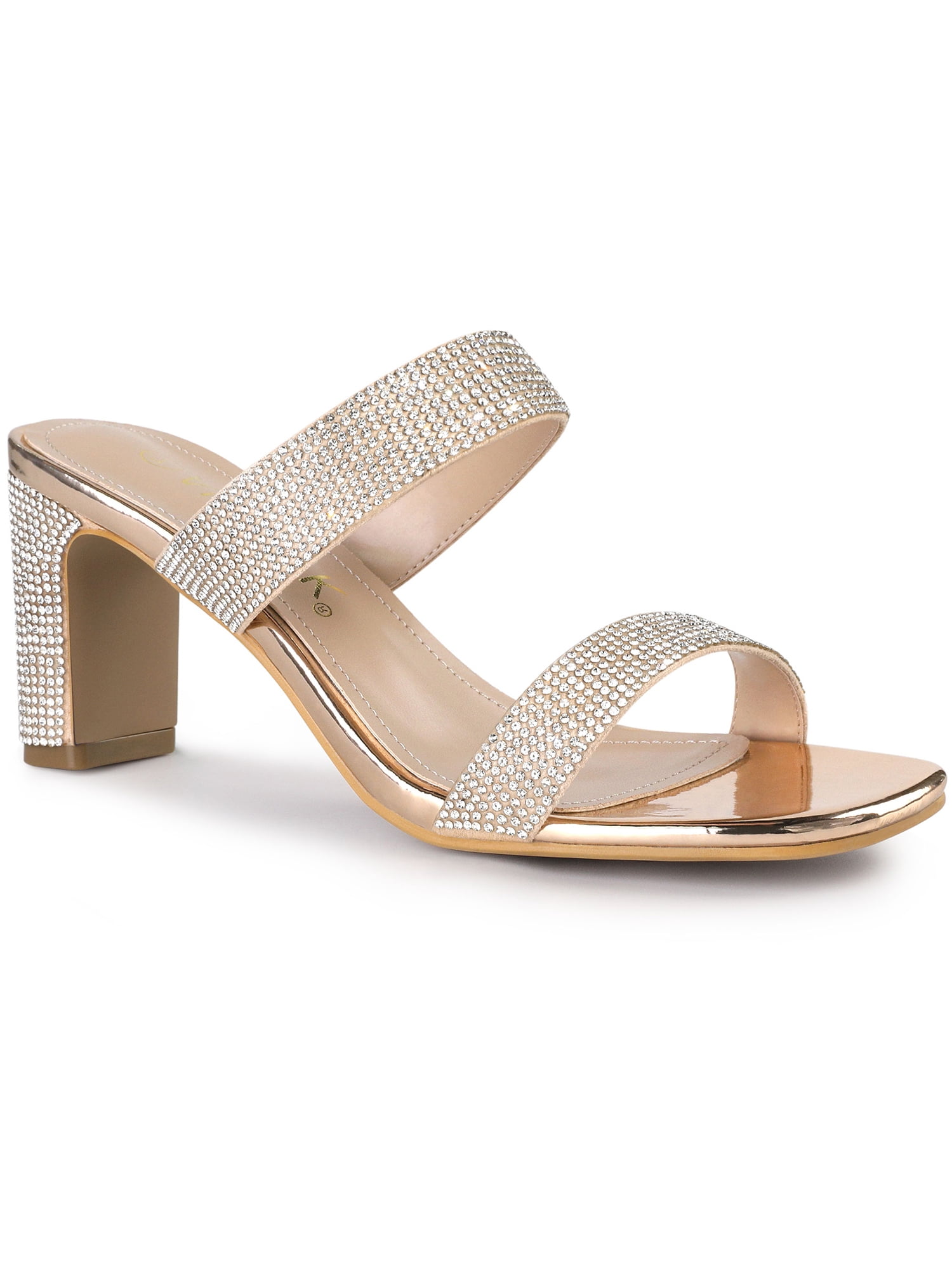 BLISSFUL STEP Women's Shoes Rhinestone Chunky Heel Square Toe Slide Sandals Rose Gold 7.5