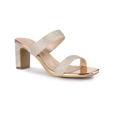 BLISSFUL STEP Women's Rhinestone Square Toe Chunky Block Heel Slides Sandals