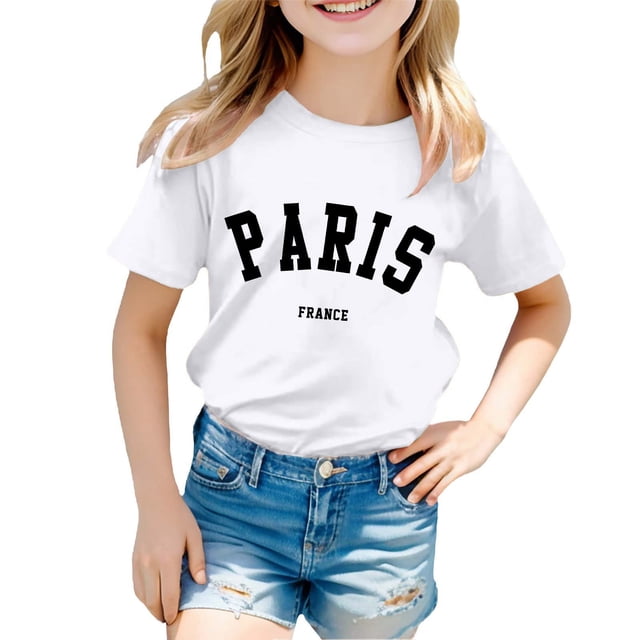 Chemises de Sport pour Filles 4t Chemise Garçon et Fille Mode Décontractée Imprimé Col Rond Manches Courtes T-Shirt Haut
