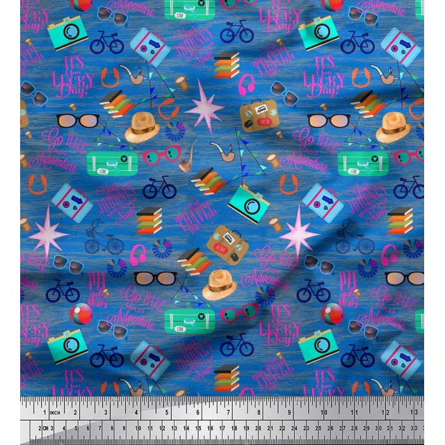Soimoi Velvet Fabric Camera,Hat & Briefcase Travel Fabric Prints by Yard 58 Inch Wide