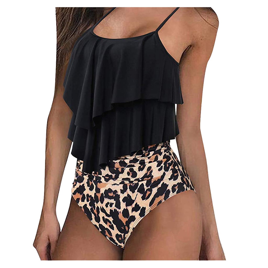 Kcodviy Women Ruffle High Waisted Ladies Swimsuits Plus Size Swimsuits 2 Piece Spaghetti Women Swim Dress with Short Straps Tankini Bathin