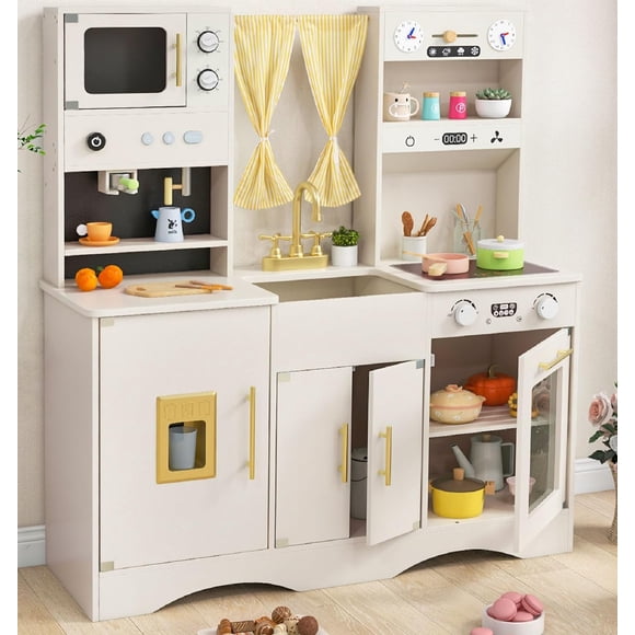 OLAKIDS Kids Kitchen Playset, Cooking Toy Kitchen Set with Coffee Machine Stove Removable Sink Microwave Storage Cabinet, Simulation Wooden Play Kitchen for Toddler Boys Girls (Cream White)
