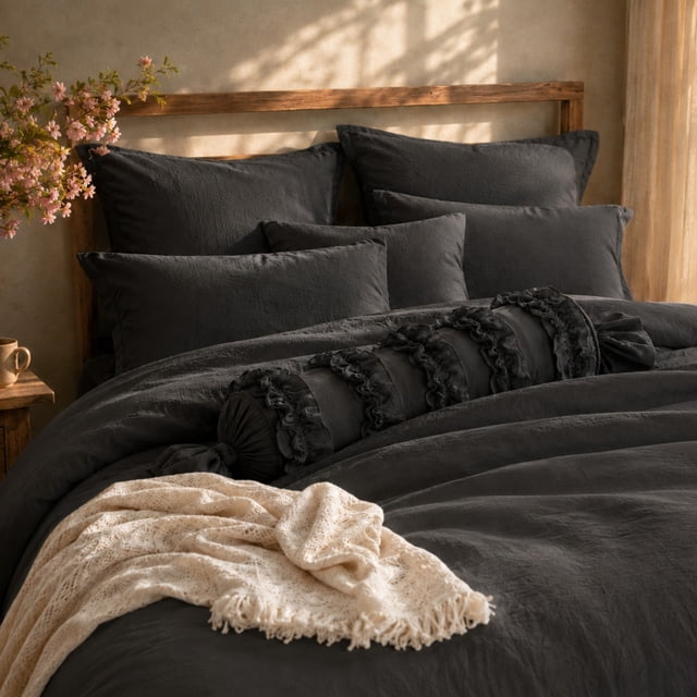 Swift Home Ultra-Soft Prewashed Wrinkle Texture Duvet Cover Set, Solid, Charcoal Grey, Queen