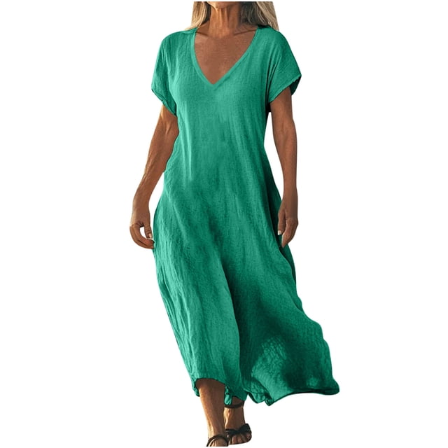 Dvprdro Robes d'Été pour Femmes 2025 Mode Col en V Manches Courtes Coton Lin Robe Maxi Décontractée Ample Boho Plage Soleil Longue Robe