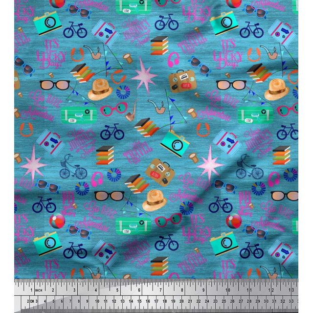 Soimoi Velvet Fabric Camera,Hat & Briefcase Travel Decor Fabric Printed Yard 58 Inch Wide