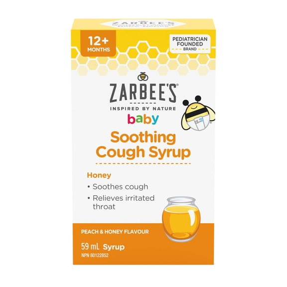 Zarbee's Baby Soothing Cough Syrup, Sore Throat Relief, Naturally Sourced Honey, Dye-Free, Peach & Honey Flavour