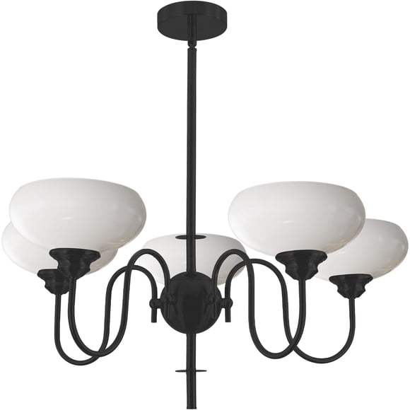 KCO 5 Light Black Milk Glass Chandelier Kitchen Island White Globe Chandelier Mid Century Modern Dining Room Light