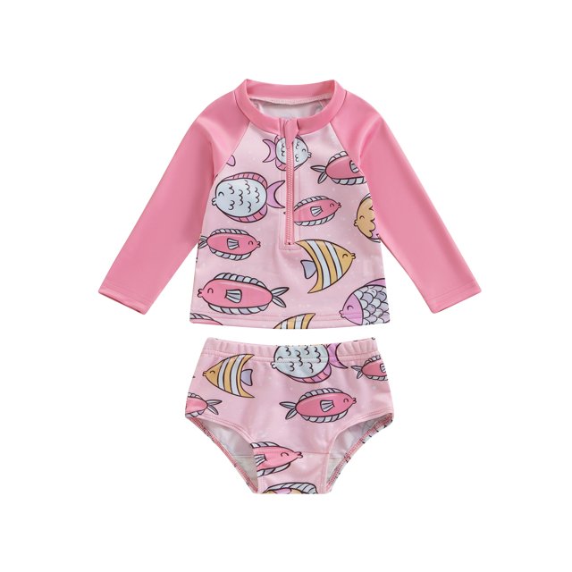 Gupgi Summer Kid Girls Swimsuit 2 Piece Quick Dry Rash Guard Set 0-5Y Long Sleeve Shell Print Patchwork Zipper Tops Bottoms