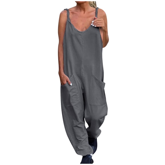 JMYHOAM Combinaisons pour Femmes, Combinaison d'Été pour Femmes à la Mode Unie avec Poches et Bretelles, Pantalon Décontracté, Combinaisons, Barboteuses et Salopettes pour Femmes, Gris G