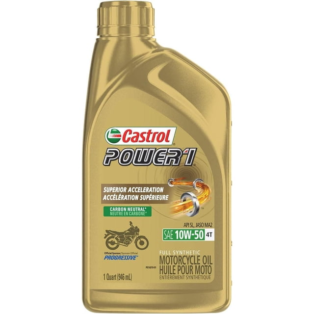 Castrol Power1 4T Four Stroke Motorcycle Oil 10W-50 946ml in a gold plastic bottle with screw cap, featuring full synthetic formula, superior acceleration, and carbon neutral certification, designed to protect engine, clutch, and gear in motorcycles.