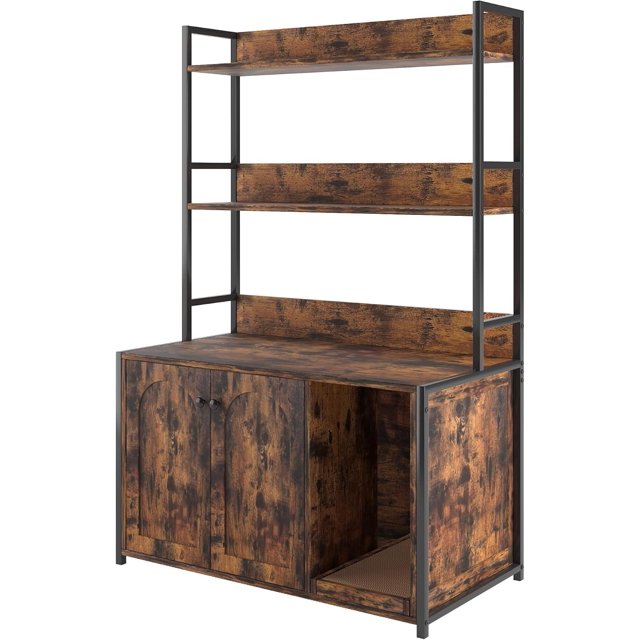 Cat Litter Box Enclosure with 2 storage shelves, featuring a 52-inch hidden litter box area. Made of high-quality MDF and steel, this durable and stylish piece of cat furniture has a rustic wood finish with black steel framing. The enclosure includes two spacious shelves for organizing cat supplies and a hidden compartment for the litter box, blending functionality with home decor.