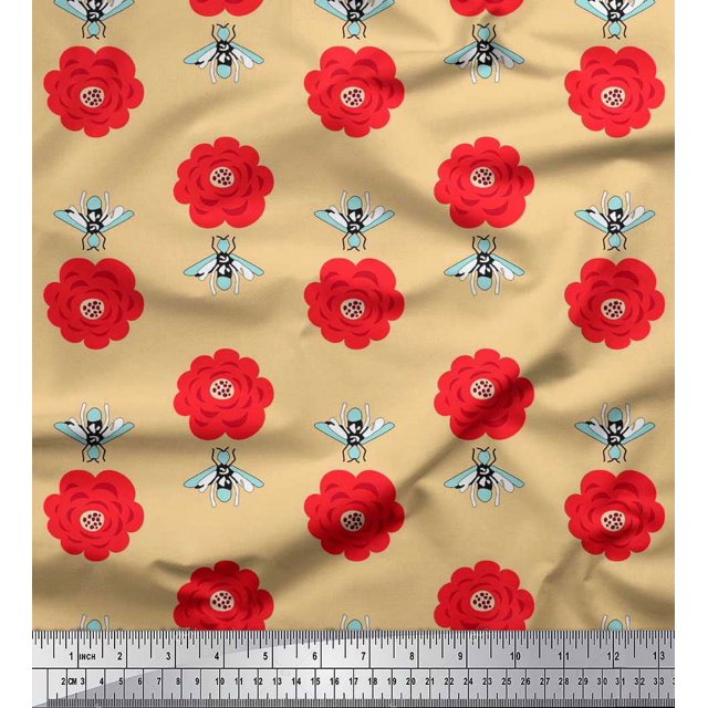 Soimoi Poly Georgette Fabric Floral & Bee Insects Decor Fabric Printed Yard 42 Inch Wide