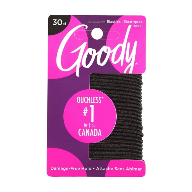 Goody Ouchless Elastics 2mm - Black - 30Ct package showing thin black hair elastics on a purple and pink card, highlighting damage-free hold and gentle elasticity for secure, snag-free styling suitable for all hair types.