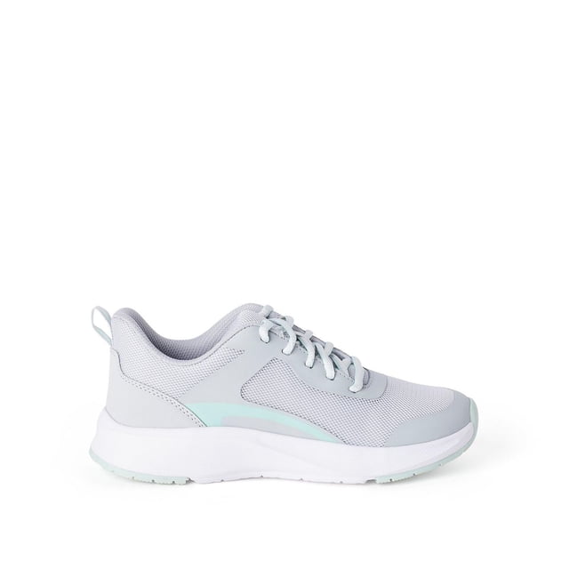 Athletic Works Women's Athletic Sneakers with faux leather and mesh upper, rubber synthetic slip-resistant outsole, round toe, lace-up closure and heel pull loop; centered front view shows low-profile silhouette and stitched overlays, ideal for gym use and suitable for casual travel.
