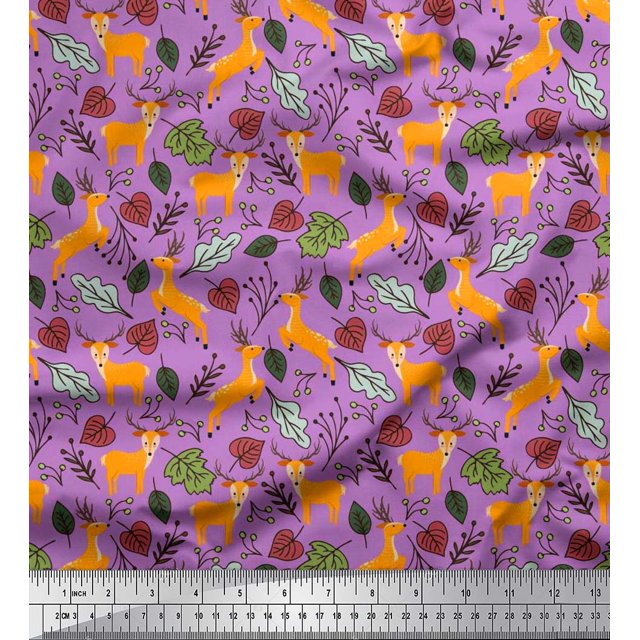 Soimoi Tissu Popeline de Coton Feuilles & Rennes Imprimé Animal au Mètre 42 Pouces de Large