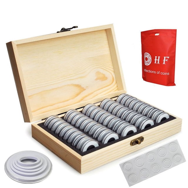 LEFU for Wooden Coin Storage Box with Adjustable Compartments - 50 Slots Commemorative Coin Collection Case for Various Sizes 18-46mm Diameter Coins