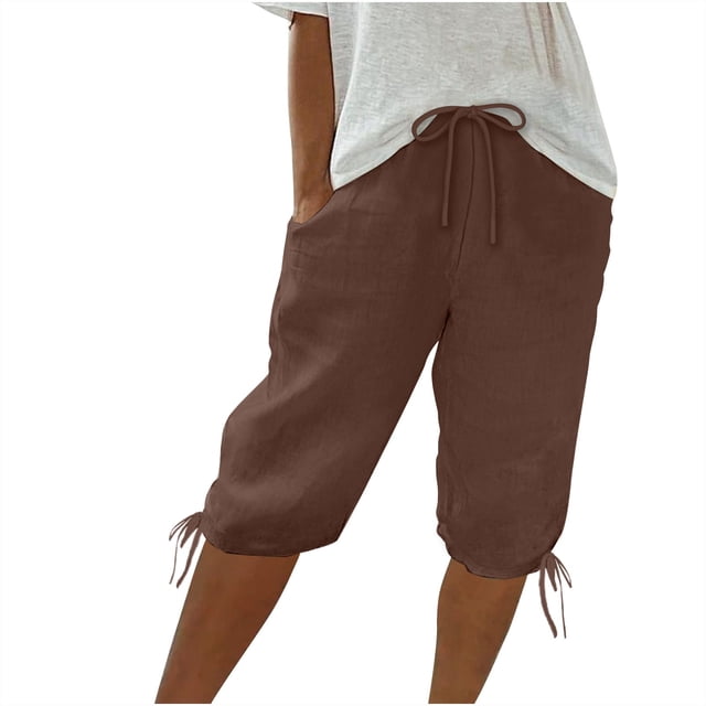 Yanlir Women's Comfortable Straight Pants Solid Color Capris Design Summer Drawstring Casual Shorts for Versatile and Fashionable Wear