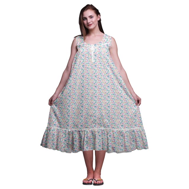 Bimba White3 Papillon à Pois et Mi-Mollet Vêtement de Nuit Femme Coton Imprimé Sans Manches Robe de Nuit Maxi XXX-Large