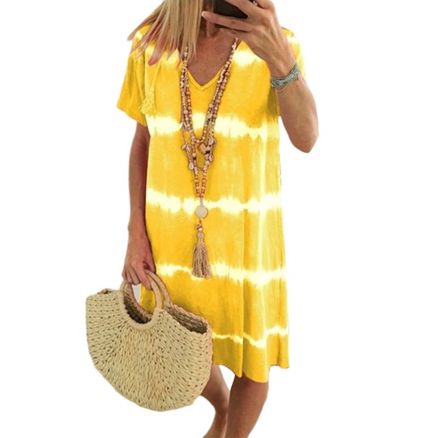 Bellella Robe Midi pour Femme, Tunique à Col en V, Robes Teinture sur Nœuds, Robe d'Été Aguichant à Manches Courtes, Jaune, 3TG