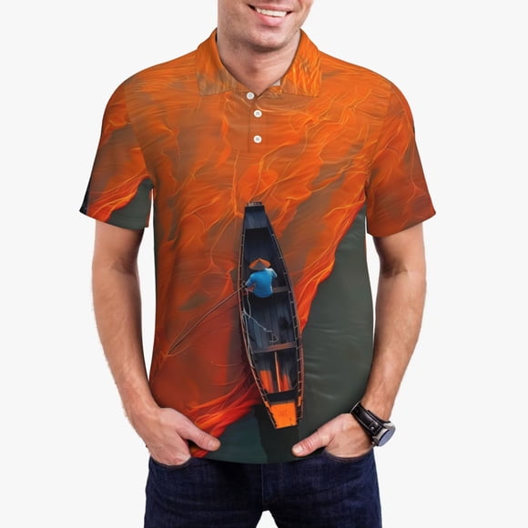 Vsdgher Polos Orange à Imprimé de Bateau de Pêche en Filet pour Hommes, Polo Extensible à Manches Courtes pour Hommes, Chemises pour Hommes-Grand