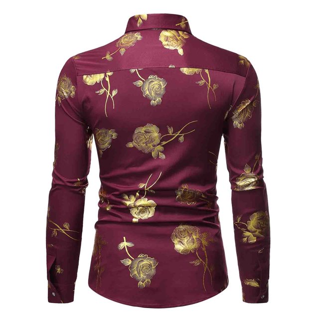 Pompotops Chemise Habillée de Soirée pour Homme, Boîte de Nuit, Brillante Dorée, Imprimé 3D de Roses, Coupe Ajustée, Boutonnée, en Solde