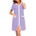 thumbnail image 1 of Peignoir Femme à Fermeture Éclair devant, Manches Longues, Rayé, Robe de Chambre Zippée Courte avec Poches, Violet, m, 1 of 5
