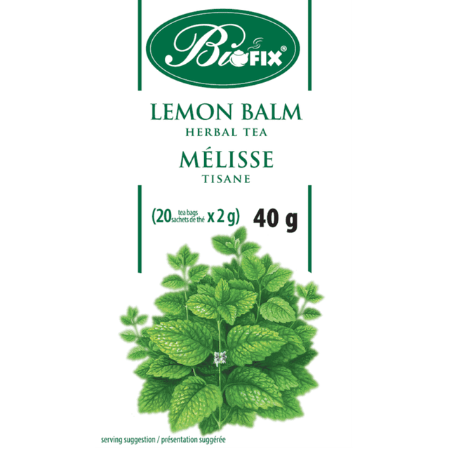 Biofix Emballage de Tisane à la Mélisse avec 20 Sachets de Thé Sans Caféine de 2 Grammes Chacun, Totalisant 40 Grammes, Présentant une illustration Détaillée de Feuilles de Mélisse Verte Fraîche et un Texte Bilingue Anglais-Français.
