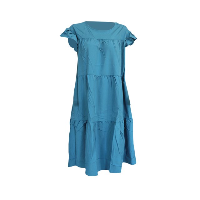 Faithtur Robe Mi-Longue Ample pour Femmes, Style Décontracté d'Été, Couleur Unie, Col Rond, Manches Volantes, Jupe Froncée