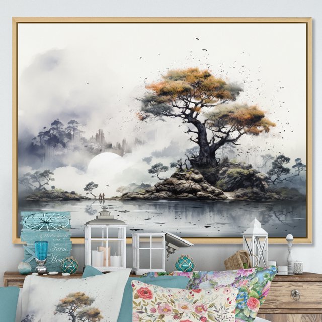 Designart Trees Oversized framed wall art decor, Tree Natural framed wall art, Grey Tree Ink euphony , Grey Traditional Natural framed wall art, 20x12 inches Natural brown color Frame