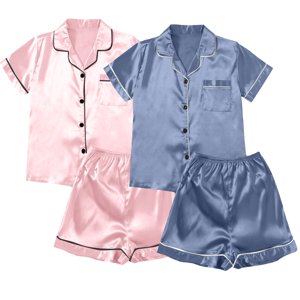 ZJXFGS Vêtements de nuit pour femmes, Pyjamas pour femmes et satins 4 Pièce Pyjamas manches courtes Vêtements de nuit et shorts ensemble Femmes costume de loisirs Vêtements de salon, set de pyjama court pour femmes Rouge L