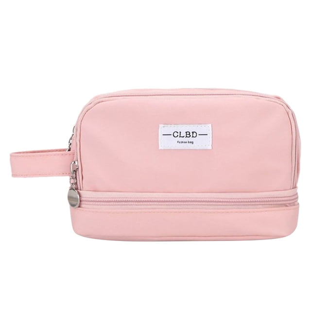 RKSTN Pencil Case Large Capacity Double Layer Pencil Case in a soft pink color with a compact rectangular design. Features a writable name tag, durable fabric with water-resistant and scratch-resistant properties, and a convenient handle for portability. The double-layer design provides ample space for organizing pens, pencils, and other stationery items. Suitable for school, office, or travel use.