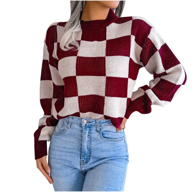 IROINID Pull-over Col Rond pour Femme à Carreaux Casual Manches Courtes Pulls à Carreaux Automne et Hiver