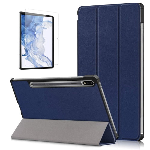 SuperShield Folio Case for Samsung Galaxy Tab S10 Ultra, Tab S9 Ultra, and Tab S8 Ultra 14.6-inch tablets in blue. Features a slim and lightweight design with a trifold stand for versatile viewing angles. Includes a screen protector and offers full corner protection with a soft TPU back shell and PU leather exterior. Built-in magnetic strip enables auto wake/sleep functionality.