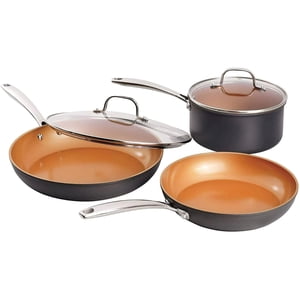 Gotham Steel Pro 5-Piece Hard Anodized Cookware Set – Ultra Nonstick Titanium & Ceramic Coating, Metal Utensil Safe, Oven & Dishwasher Safe, Stay-Cool Handles